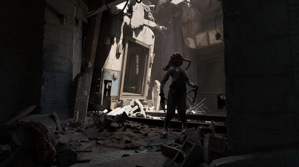 Düstere Szene in Half-Life: Alyx mit einem von einer Headcrab befallenen Zombie.