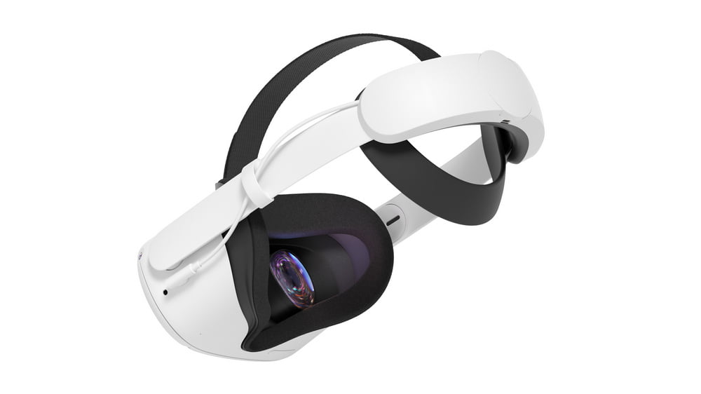Oculus Quest 2 VR-Brille mit Zubehör Elite Strap und zusätzlöicher Batterie am Hinterkopf